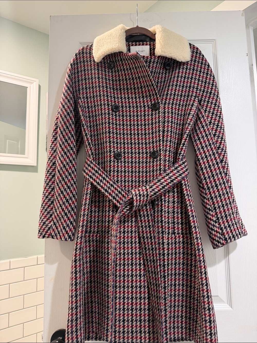 LK Bennett-London , Mali Coat Red and Black Wool  with Cream Collar